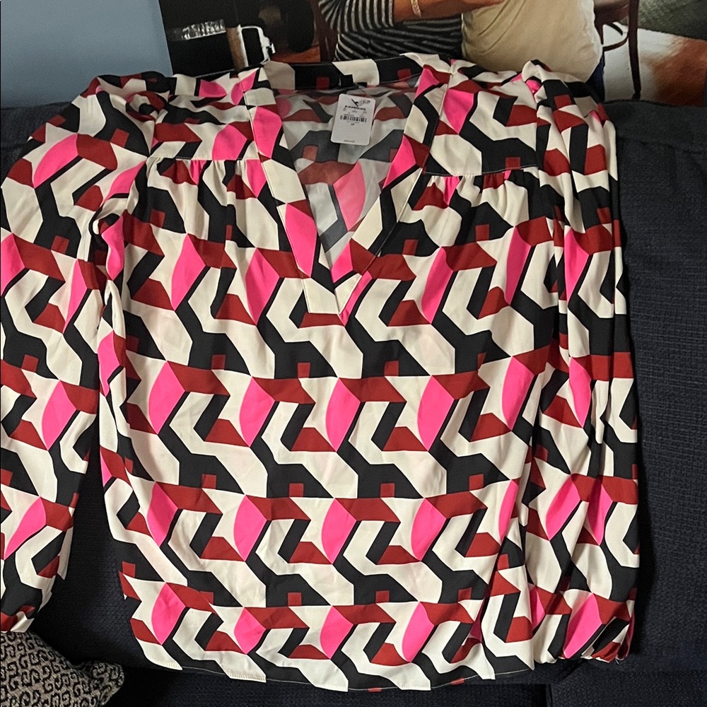 Express Geometric Pattern Blouse - Pink, Gray, White